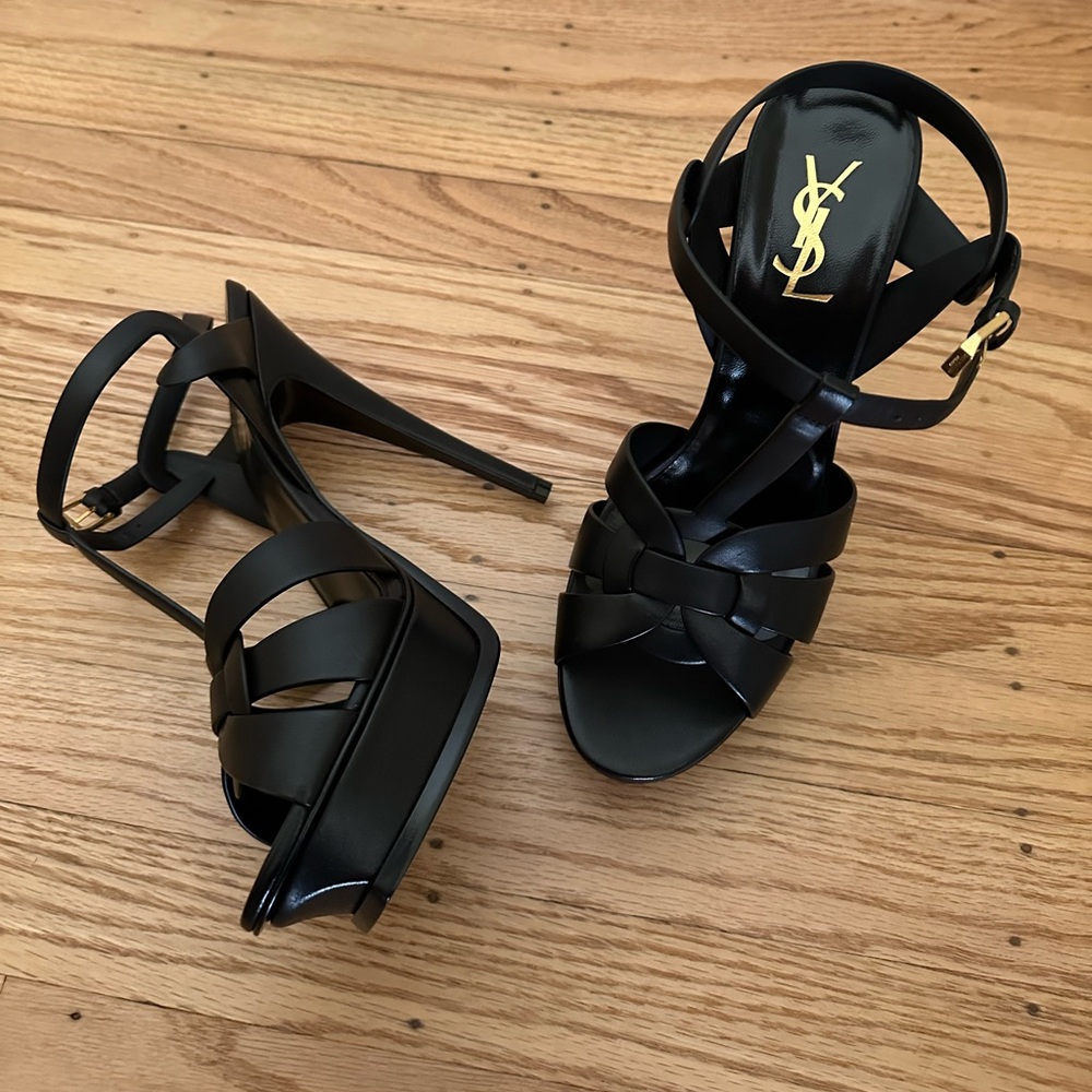 Saint Laurent Tribute 105 Leather Platform Sandal - Picture 1 of 14